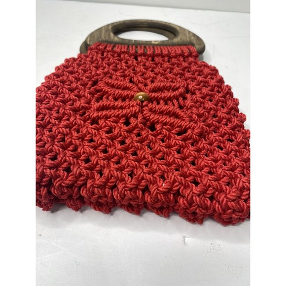 Vintage Macrame Purse Woven Wooden Handle Handbag Handmade Red Unique Boho - Picture 3 of 5
